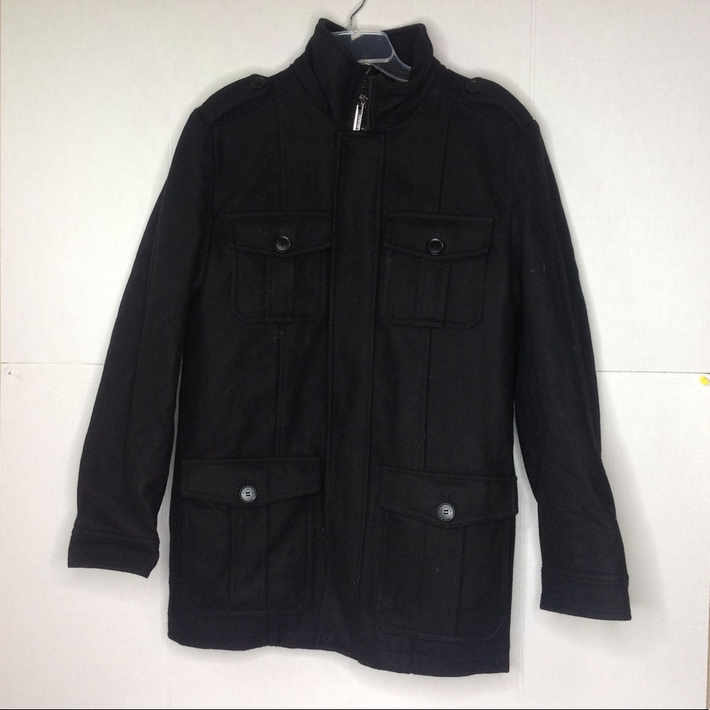 Attention Men's Black Wool Coat Pea
